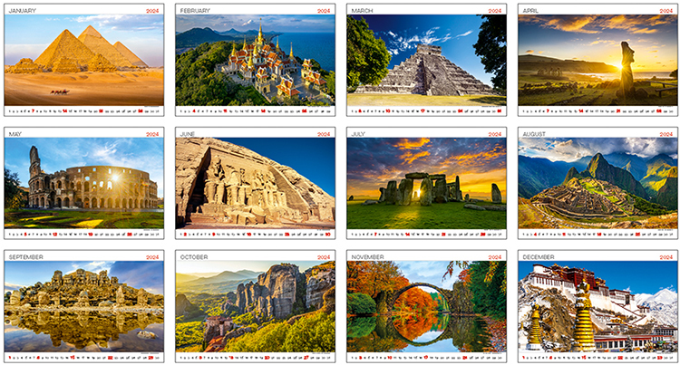 Wall calendar 2024 World Wonders 13p 45x38cm Images